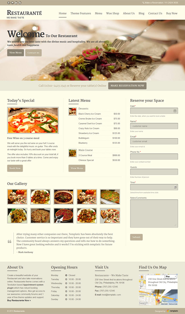 Home page of Restaurant wordpress theme