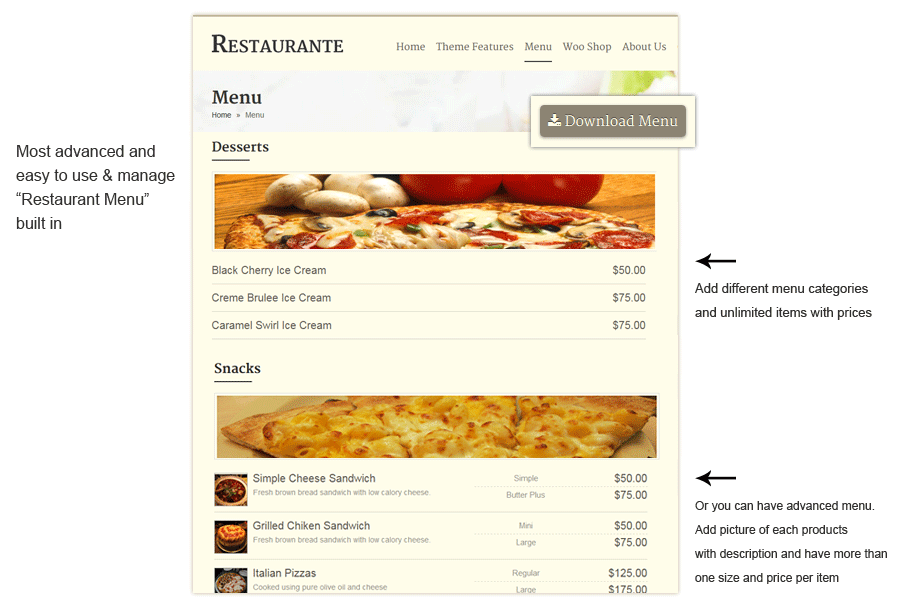 Order menu for Restaurant WordPress Theme