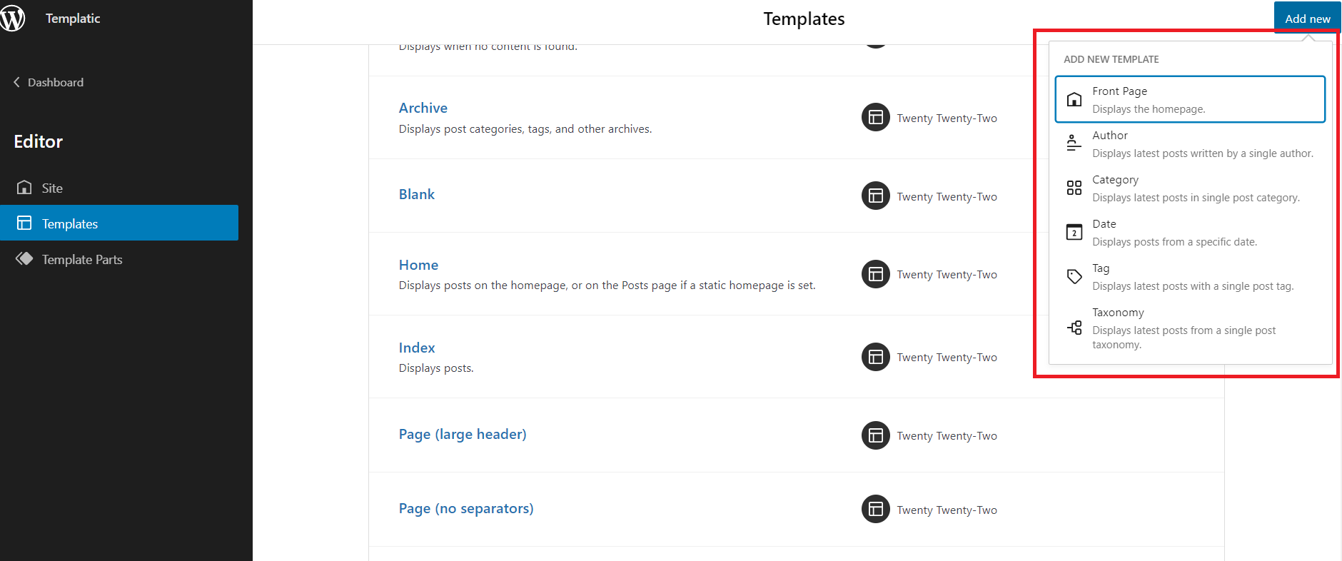 WordPress 6.0 Arturo Templates